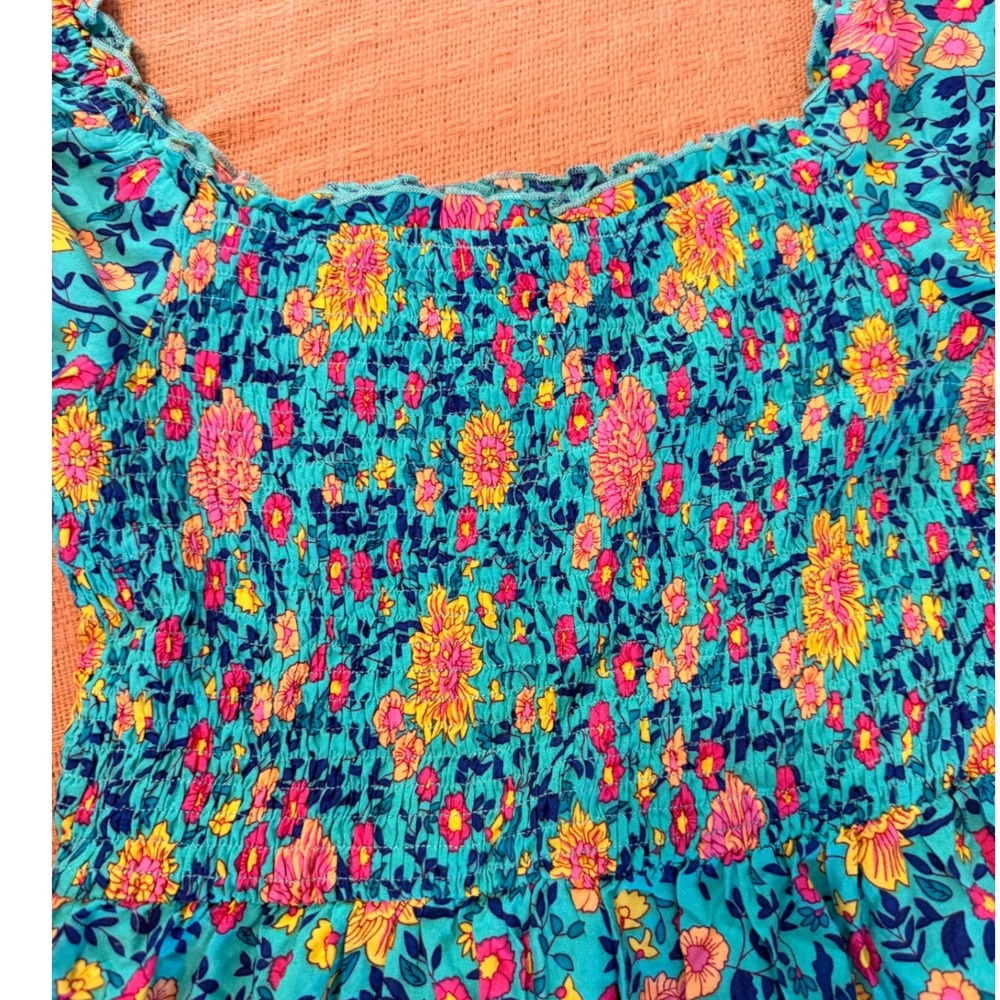Colorful Floral Smocked Maxi Dress Puff Sleeve Cottagecore Boho - Picture 2 of 4